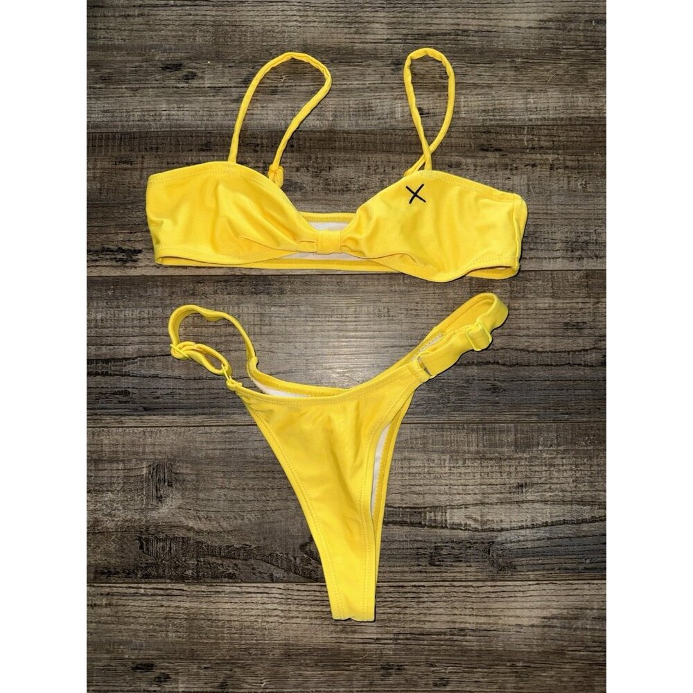 Boutine X Los Angeles Bikini Set Yellow Thong Adjust Straps Beach Swim Small 1B